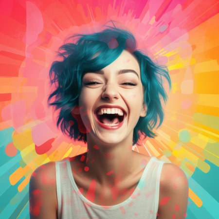 a woman with bright blue hair is laughingの素材
