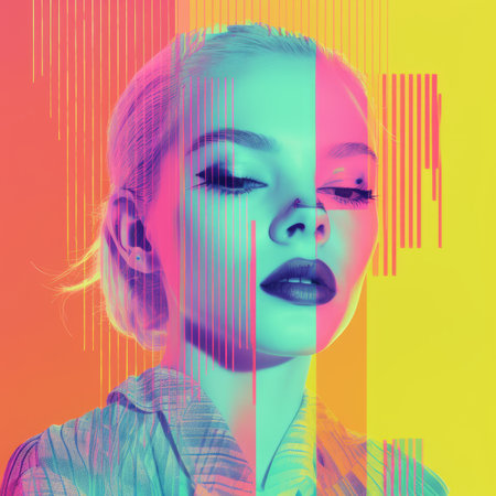 a woman with bright colors on her faceの素材