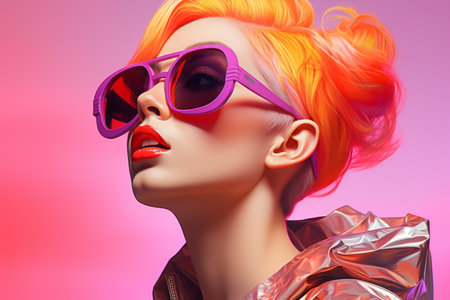 a woman with bright orange hair and purple sunglassesの素材