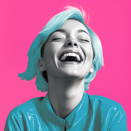 a woman with blue hair laughing and smilingの素材