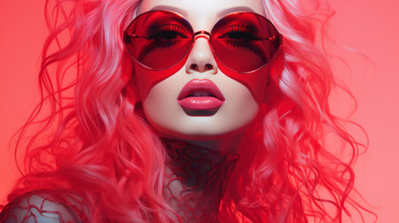 a woman with bright red hair and sunglassesの素材