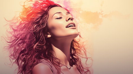 a beautiful woman with her hair blowing in the windの素材