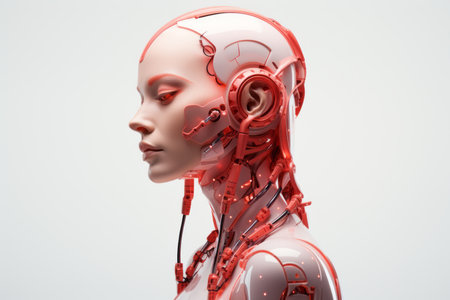 3d rendering of a woman with red wires on her headの素材