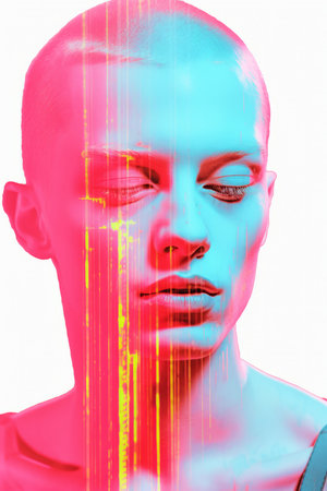 a digital image of a womans face with a pink and blue backgroundの素材