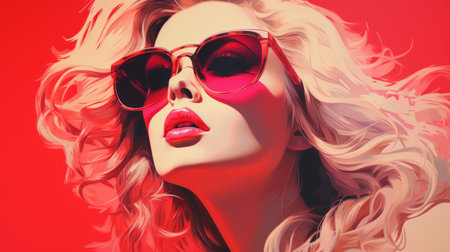 a beautiful blonde woman with sunglasses on a red backgroundの素材