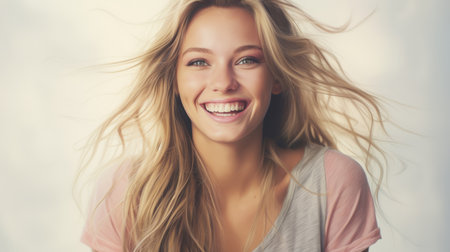 a beautiful blonde woman smiling with her hair blowing in the windの素材