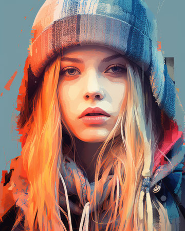 a digital painting of a girl wearing a hat and scarfの素材