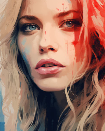 a digital painting of a woman with blue eyes and red hairの素材