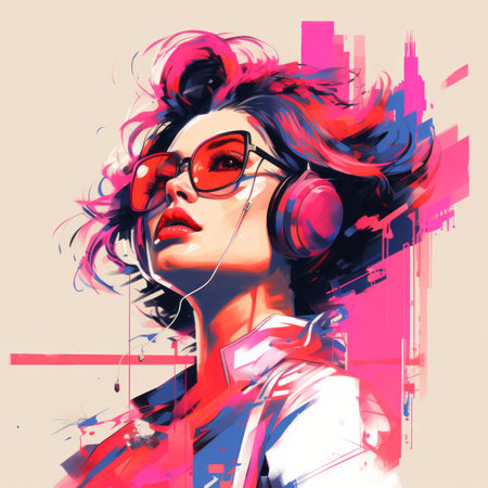 a digital painting of a woman wearing headphones and sunglassesの素材