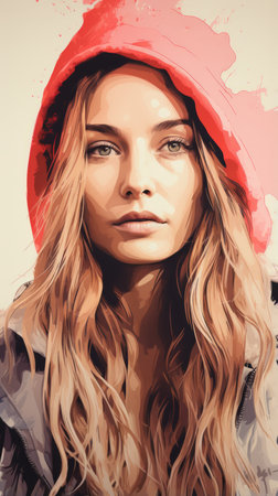 a digital painting of a woman in a red hoodieの素材