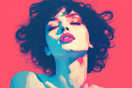 a digital painting of a woman with blue and pink colorsの素材