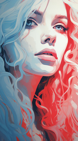 a digital painting of a woman with blue hairの素材