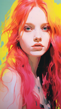 a digital painting of a woman with bright red hairの素材