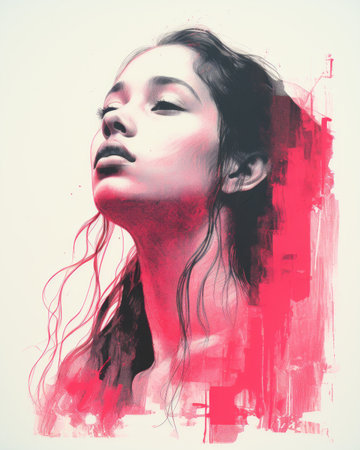 a digital painting of a woman with pink paint on her faceの素材