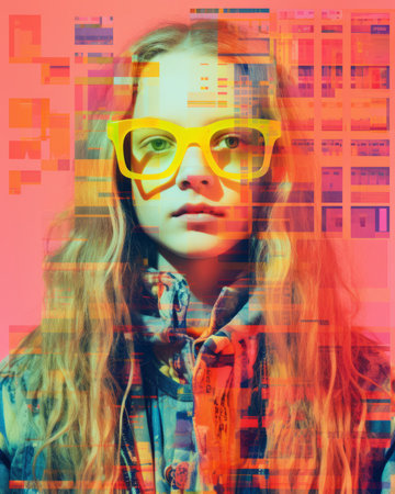 a girl with glasses and a scarf is standing in front of a colorful backgroundの素材