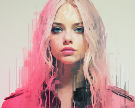 a digital painting of a woman with pink hairの素材
