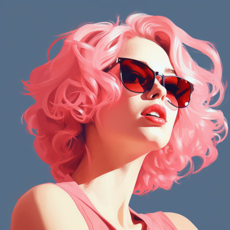 a digital painting of a woman with pink hair and sunglassesの素材