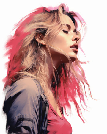 a digital painting of a woman with pink hairの素材