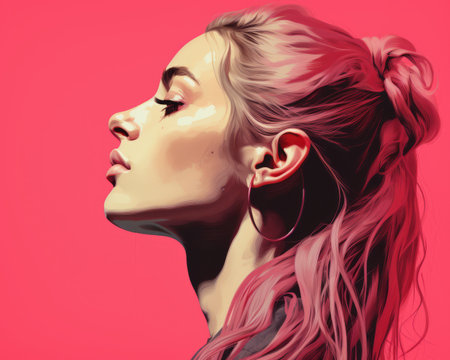 a digital painting of a woman with pink hairの素材