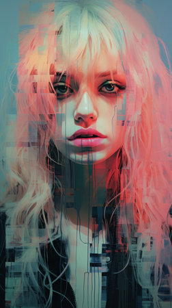 a digital painting of a woman with pink hairの素材