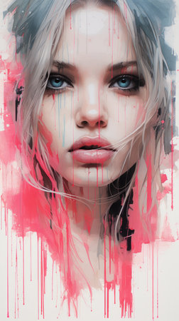 a digital painting of a woman with pink paint on her faceの素材