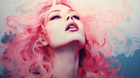 a digital painting of a woman with pink hairの素材