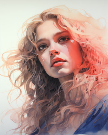 a digital painting of a woman with long wavy hairの素材