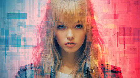 a girl with blonde hair and blue eyes in front of an abstract backgroundの素材