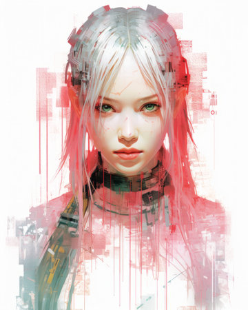 a digital painting of a woman with pink hairの素材