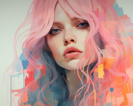 a digital painting of a woman with pink hairの素材
