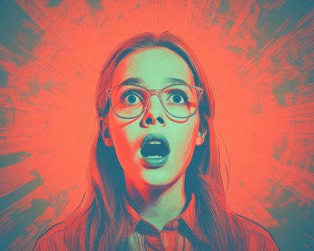 a girl with glasses and a shocked expression on her faceの素材