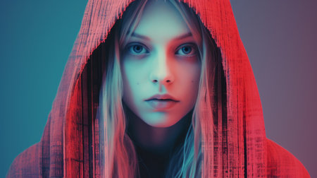 a girl in a red hoodie with a blue backgroundの素材