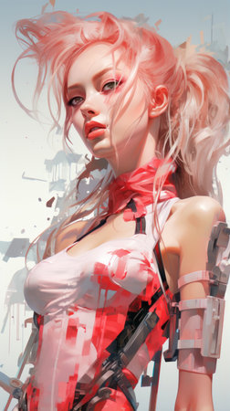 a digital painting of a woman with pink hairの素材