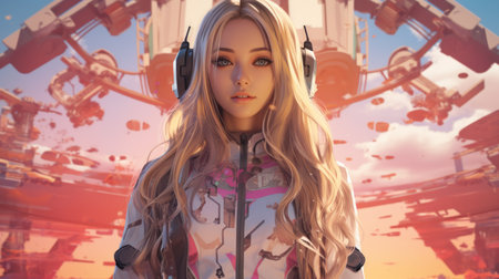 a girl with headphones on in front of a futuristic cityの素材