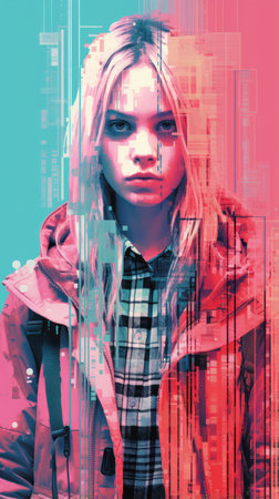 a girl with long blonde hair is standing in front of a colorful backgroundの素材