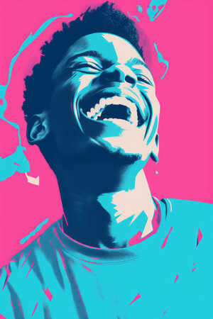 a man is laughing in front of a blue and pink backgroundの素材