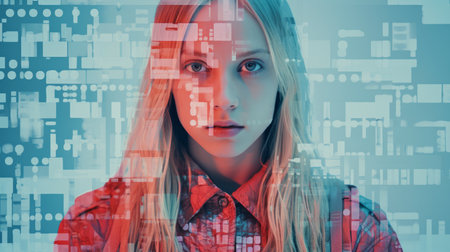 a girl with long blonde hair and a red shirt is in front of a computer screenの素材