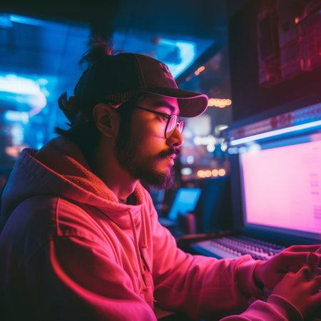 a man in a hoodie and glasses is working on a computerの素材