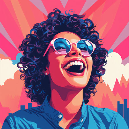 a woman with curly hair and sunglasses is laughingの素材