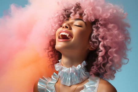 a woman with colorful hair is laughing and blowing smokeの素材