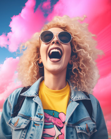 a woman with curly hair and sunglasses is laughing in front of a colorful skyの素材