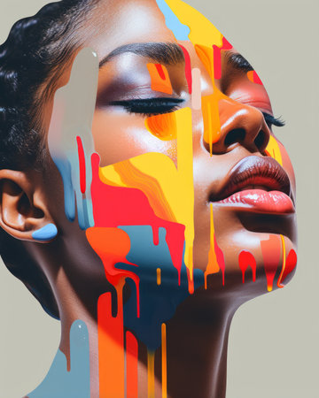 a woman with colorful paint dripping down her faceの素材