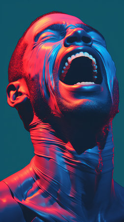 a man with his mouth open in front of a blue and red backgroundの素材