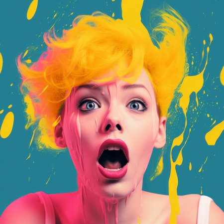 a woman with bright yellow hair and paint splatters on her faceの素材