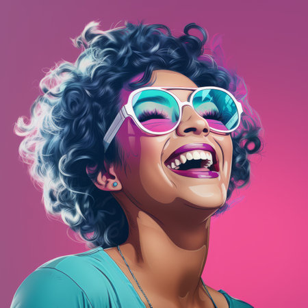 a woman with curly hair and sunglasses is smilingの素材