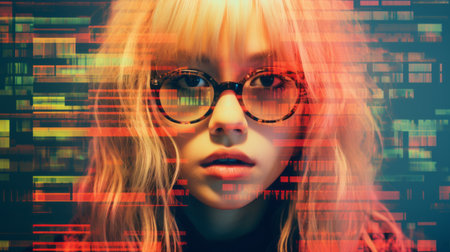 a woman with glasses and a computer screen in front of herの素材