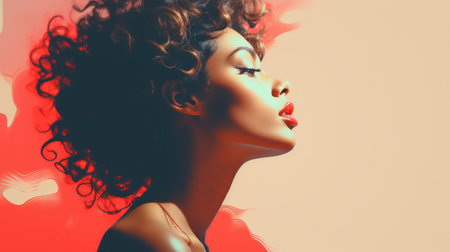 a woman with curly hair and red lipsの素材