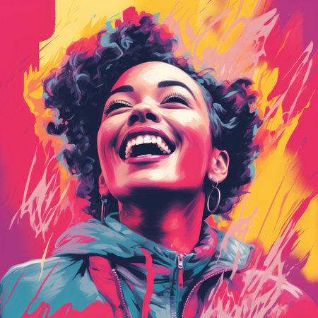 a woman with curly hair is smiling in front of a colorful backgroundの素材