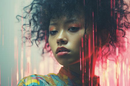 a woman with curly hair in front of a red lightの素材