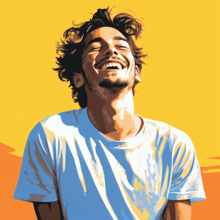 a man with curly hair and a smile on his faceの素材